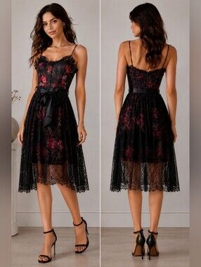 Pearl Georgina Chapman of Marchesa Ree Floral and Black Lace Dress Size 4 New
